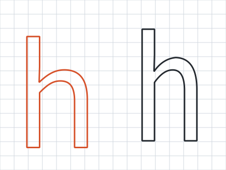 Source Sans Pro lowercase h at 11 pixels per em drawn twice as outlines on one device pixel grid: the scaled contour on the left with fractional stems and edges, the hint-mapped contour on the right with one-pixel stems on column boundaries and flats locked to rows