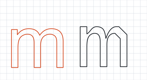 Arial lowercase m at 11 pixels per em drawn twice as outlines on one device pixel grid: the scaled contour on the left with fractional stems, and the instructed contour on the right with one-pixel stems on grid boundaries and a hard diagonal shoulder