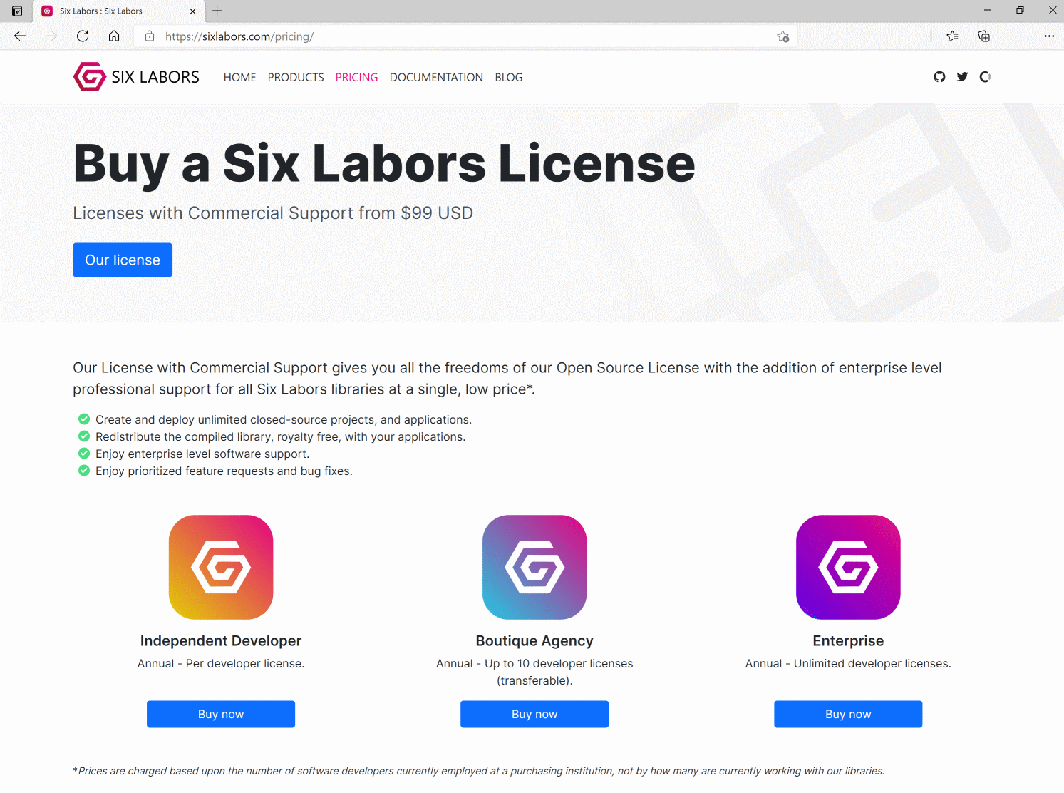 Six Labors pricing page